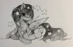 Size: 3716x2385 | Tagged: safe, artist:share dast, oc, oc only, oc:star universe, pegasus, pony, blushing, ethereal mane, female, high res, looking at you, mare, monochrome, pencil drawing, prone, smiling, solo, stars, traditional art