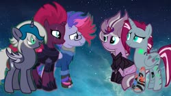 Size: 1192x670 | Tagged: dead source, safe, artist:awoomarblesoda, artist:doodleponyxx, tempest shadow, oc, oc:cyclone (ice1517), oc:elizabat stormfeather, oc:sergeant powershift, oc:ultraviolet ray, alicorn, bat pony, bat pony alicorn, pegasus, pony, unicorn, icey-verse, g4, alicorn oc, armor, base used, bat pony oc, broken horn, brother and sister, canon x oc, clothes, concave belly, ear piercing, earring, eye scar, family, female, fingerless gloves, glasses, gloves, hoodie, hoof shoes, horn, jewelry, lesbian, lip piercing, magical lesbian spawn, male, mare, mother and child, mother and daughter, mother and son, multicolored hair, offspring, parent:oc:elizabat stormfeather, parent:tempest shadow, parents:canon x oc, parents:stormshadow, piercing, scar, shipping, shirt, siblings, sisters, sitting, slender, stallion, stormshadow, thin, wall of tags, wristband