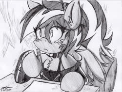 Size: 599x455 | Tagged: safe, artist:petanoprime, oc, oc only, oc:electric sketch, pegasus, anthro, arm hooves, chest fluff, clothes, female, freckles, grayscale, monochrome, pegasus oc, pencil, signature, solo, traditional art, wide eyes, wings