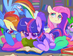 Size: 1500x1162 | Tagged: safe, artist:dawnfire, fluttershy, rainbow dash, spike, twilight sparkle, dragon, pegasus, pony, unicorn, g4, book, cute, female, looking up, lying down, male, mare, open mouth, pillow, prone, reading, signature, spread wings, unicorn twilight, wings