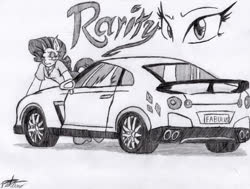 Size: 599x454 | Tagged: safe, artist:petanoprime, rarity, unicorn, anthro, g4, car, clothes, eye, female, grayscale, jewelry, monochrome, necklace, nissan, nissan gt-r, pearl necklace, signature, solo, text, traditional art
