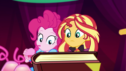 Size: 1920x1080 | Tagged: safe, screencap, pinkie pie, sunset shimmer, equestria girls, equestria girls specials, g4, my little pony equestria girls: better together, my little pony equestria girls: sunset's backstage pass, book, female, music festival outfit