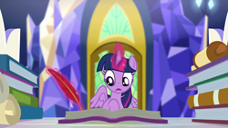 Size: 1920x1080 | Tagged: safe, screencap, twilight sparkle, alicorn, pony, equestria girls, equestria girls specials, g4, my little pony equestria girls: better together, my little pony equestria girls: sunset's backstage pass, book, cutie map, female, quill, scroll, solo, twilight sparkle (alicorn), twilight's castle