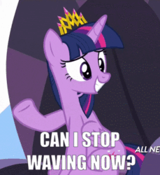 Size: 325x355 | Tagged: safe, edit, edited screencap, screencap, twilight sparkle, alicorn, pony, equestria games (episode), g4, animated, caption, cropped, crown, female, image macro, jewelry, loop, meme, new crown, regalia, solo, text, twilight sparkle (alicorn), waving