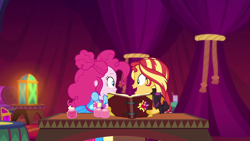 Size: 1920x1080 | Tagged: safe, screencap, pinkie pie, sunset shimmer, equestria girls, equestria girls specials, g4, my little pony equestria girls: better together, my little pony equestria girls: sunset's backstage pass, book, female, music festival outfit