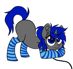 Size: 1800x1700 | Tagged: safe, oc, oc only, oc:dream vezpyre, oc:dream², pony, unicorn, ass up, clothes, collar, leash, pet play, ponytail, socks, solo, striped socks