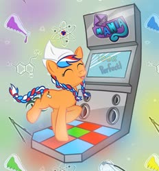 Size: 1160x1250 | Tagged: safe, artist:mistergi, oc, oc only, oc:ember, oc:ember (hwcon), earth pony, pony, hearth's warming con, abstract background, cute, dance dance revolution, dancing, eyes closed, female, mare, netherlands, open mouth, smiling, solo, trotmania