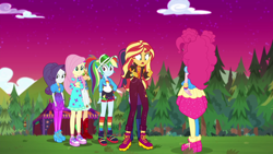 Size: 1920x1080 | Tagged: safe, screencap, applejack, fluttershy, pinkie pie, rainbow dash, rarity, sci-twi, sunset shimmer, twilight sparkle, equestria girls, equestria girls series, g4, sunset's backstage pass!, spoiler:eqg series (season 2), female, humane five, humane seven, humane six, music festival outfit, shoes, sneakers