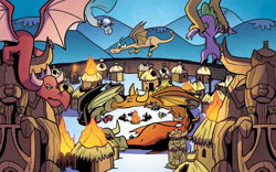 Size: 1262x786 | Tagged: safe, artist:agnesgarbowska, idw, official comic, spike, dragon, g4, wings over yakyakistan, spoiler:comic, spoiler:comic56, fire, flying, hut, male, statue, unnamed character, unnamed dragon, yakyakistan