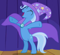 Size: 525x475 | Tagged: safe, screencap, trixie, pony, boast busters, g4, bipedal, cropped, cute, diatrixes, eyes closed, female, open mouth, outstretched arms, solo