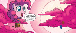 Size: 1262x549 | Tagged: safe, artist:tony fleecs, idw, gummy, pinkie pie, alligator, earth pony, pony, g4, spoiler:comic, spoiler:comic57, balloon, cloud, cropped, female, hot air balloon, mare, speech bubble, the discord zone