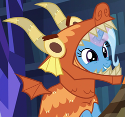 Size: 915x860 | Tagged: safe, screencap, trixie, pony, g4, uncommon bond, cropped, cute, diatrixes, dragon costume, female, glowing horn, horn, solo