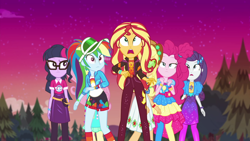 Size: 1920x1080 | Tagged: safe, screencap, applejack, fluttershy, pinkie pie, rainbow dash, rarity, sci-twi, sunset shimmer, twilight sparkle, equestria girls, equestria girls specials, g4, my little pony equestria girls: better together, my little pony equestria girls: sunset's backstage pass, female, humane five, humane seven, humane six, music festival outfit