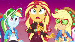 Size: 1920x1080 | Tagged: safe, screencap, applejack, pinkie pie, rainbow dash, sunset shimmer, equestria girls, equestria girls specials, g4, my little pony equestria girls: better together, my little pony equestria girls: sunset's backstage pass, female, music festival outfit