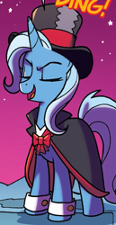 Size: 455x880 | Tagged: safe, idw, trixie, pony, g4, nightmare knights, spoiler:comic, cape, clothes, cropped, cuffs (clothes), eyes closed, female, hat, magician outfit, solo, the great and powerful roxy, top hat