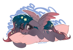Size: 3000x2046 | Tagged: safe, artist:share dast, oc, oc only, oc:star universe, pegasus, pony, bed mane, blushing, body pillow, cute, ethereal mane, ethereal wings, female, high res, looking at you, mare, ocbetes, one eye closed, pegasus oc, pillow, signature, smiling, smiling at you, solo, spread wings, tired, waking up, wings, wink, winking at you