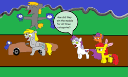 Size: 1107x663 | Tagged: safe, artist:coltfan97, apple bloom, crackle pop, derpy hooves, scootaloo, sweetie belle, g4, the cart before the ponies, 1000 hours in ms paint, cart, deleted scene, ribbon