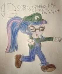 Size: 1080x1278 | Tagged: safe, artist:eddazzling81, sci-twi, twilight sparkle, human, equestria girls, g4, barely eqg related, cap, clothes, crossover, glasses, gloves, hat, long sleeved shirt, long sleeves, luigi, luigi's hat, luitwi, nintendo, shoes, super mario bros., super smash bros., traditional art