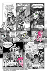 Size: 1268x1920 | Tagged: safe, artist:pencils, catrina, fluttershy, limestone pie, maud pie, pinkie pie, princess luna, oc, oc:anon, oc:ellus, oc:mascara maroon, abyssinian, alicorn, bushwoolie, cat, earth pony, human, pegasus, pony, comic:anon's pie adventure, g1, g4, abs, battle ready, breasts, cleavage, clothes, comic, crown, cute, dialogue, female, grayscale, hoof shoes, jewelry, male, mare, monochrome, neo noir, open mouth, pants, partial color, paws, peytral, regalia, scared, shoes, speech bubble, tail wag, tank top