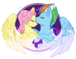 Size: 848x664 | Tagged: safe, artist:lilith1light, fluttershy, rainbow dash, pegasus, pony, g4, the last problem, abstract background, chest fluff, eyes closed, female, forehead kiss, heart, kissing, lesbian, mare, older, older fluttershy, older rainbow dash, ship:flutterdash, shipping, smiling, spread wings, wings