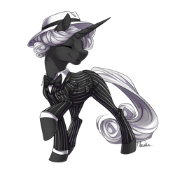 Size: 894x894 | Tagged: safe, artist:moenkin, oc, oc only, oc:aerye, pony, unicorn, black and white, clothes, female, grayscale, hat, horn, mare, monochrome, pinstripes, solo, suit, unicorn oc