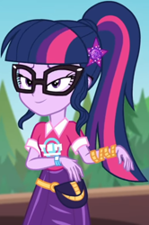 Size: 560x841 | Tagged: safe, screencap, sci-twi, twilight sparkle, equestria girls, equestria girls series, g4, sunset's backstage pass!, spoiler:eqg series (season 2), clothes, collar, cropped, cute, female, forest, forest background, geode of telekinesis, glasses, hairclip, lidded eyes, logo, magical geodes, music festival outfit, ponytail, pouch, shirt, short sleeves, skirt, smiling, solo, twiabetes, wrist wraps
