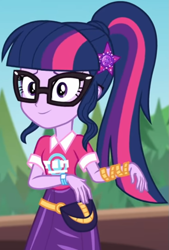 Size: 567x838 | Tagged: safe, screencap, sci-twi, twilight sparkle, equestria girls, equestria girls specials, g4, my little pony equestria girls: better together, my little pony equestria girls: sunset's backstage pass, clothes, collar, cropped, cute, female, forest, forest background, geode of telekinesis, glasses, hairclip, lidded eyes, logo, magical geodes, music festival outfit, ponytail, shirt, short sleeves, skirt, smiling, solo, twiabetes, wrist wraps