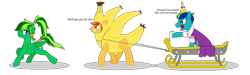 Size: 10000x3000 | Tagged: safe, artist:mythilas, oc, oc only, oc:meteor spark, oc:terrrra, oc:vivid hues, pony, angry, banana, banana costume, banana suit, clothes, costume, dialogue, food, food costume, princess costume, simple background, sleigh, solo, transparent background, upset