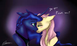 Size: 1753x1064 | Tagged: safe, artist:eperyton, fluttershy, princess luna, alicorn, pegasus, pony, g4, abstract background, bedroom eyes, blushing, bust, colored ears, curved horn, female, floppy ears, horn, lesbian, mare, missing accessory, open mouth, peytral, question, ship:lunashy, shipping, speech