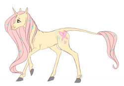 Size: 1573x1091 | Tagged: safe, artist:eperyton, horse, pony, unicorn, curved horn, female, fluttershy (g5 concept leak), g5 concept leak style, g5 concept leaks, horn, leonine tail, mare, raised hoof, realistic horse legs, simple background, smiling, solo, unicorn fluttershy, white background