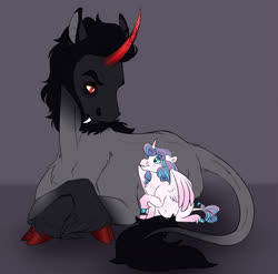 Size: 1949x1925 | Tagged: safe, artist:eperyton, king sombra, princess flurry heart, alicorn, pony, unicorn, g4, abstract background, alternate universe, chest fluff, cloven hooves, coat markings, cracked horn, duo, fangs, father and child, father and daughter, female, filly, horn, male, prone, raised hoof, redraw, smiling, stallion, unshorn fetlocks
