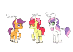 Size: 2520x1800 | Tagged: safe, artist:cheriophobia-queen, apple bloom, scootaloo, sweetie belle, earth pony, pony, unicorn, g4, apple bloom (g5), female, g5 concept leak style, redesign, scootaloo (g5), simple background, sweetie belle (g5), white background