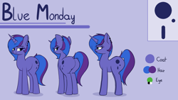 Size: 5760x3240 | Tagged: safe, artist:andelai, oc, oc only, oc:blue monday, pony, unicorn, butt, female, mare, piercing, plot, reference sheet, simple background, solo
