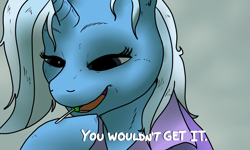 Size: 2496x1499 | Tagged: safe, artist:pony quarantine, trixie, pony, unicorn, g4, candy, drawthread, female, food, hoof on chin, joker (2019), lollipop, looking down, mare, messy mane, redraw, simple background, solo, text