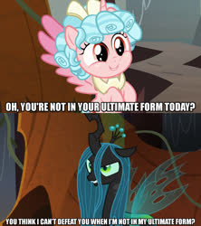 Size: 1280x1440 | Tagged: safe, edit, edited screencap, screencap, cozy glow, queen chrysalis, alicorn, changeling, pony, g4, the beginning of the end, the ending of the end, alicornified, caption, cozycorn, female, filly, image macro, meme, race swap, text
