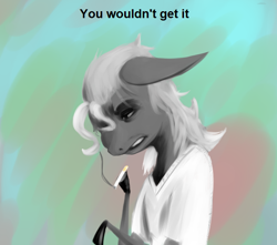 Size: 664x586 | Tagged: safe, artist:anonymous, earth pony, pony, 4chan, abstract background, cigarette, drawthread, meme, ponified, ponified meme, solo, text, the joker