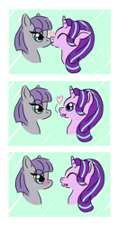 Size: 2101x4000 | Tagged: safe, artist:datura-brugmansia, maud pie, starlight glimmer, earth pony, pony, unicorn, g4, blushing, female, kissing, lesbian, looking at each other, shipping, starmaud
