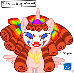 Size: 2867x2853 | Tagged: safe, alternate version, artist:poniidesu, cozy glow, alicorn, pony, g4, /tv/, alicornified, banana, bane, baneposting, big guy, clown, clown makeup, clown nose, clowny glow, cozycorn, drawthread, female, filly, food, for you, high res, race swap, red nose, simple background, solo, the dark knight rises, transparent background