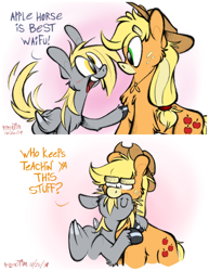 Size: 1016x1318 | Tagged: safe, artist:powerjam, applejack, derpy hooves, earth pony, pegasus, pony, g4, 2 panel comic, applejack's hat, blush lines, blushing, cheek fluff, chest fluff, colored eyebrows, colored hooves, comic, cowboy hat, cute, derpabetes, dialogue, duo, duo female, facial markings, female, fluffy, freckles, gradient background, hat, hock fluff, hug, lesbian, looking at each other, looking at someone, mare, mealy mouth (coat marking), neck nuzzle, nuzzling, poking, ship:derpyjack, shipping, text, thick eyebrows, unshorn fetlocks, waifu