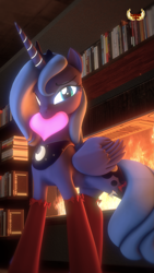 Size: 1837x3265 | Tagged: safe, artist:loveslove, princess luna, alicorn, pony, g4, 3d, bedroom eyes, book, clothes, crown, female, fireplace, heart, jewelry, looking at you, mare, mouth hold, red socks, regalia, s1 luna, socks, solo, source filmmaker