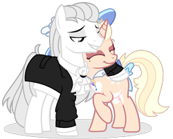 Size: 1255x1011 | Tagged: safe, artist:rerorir, oc, oc only, pony, unicorn, base used, bow, clothes, eyes closed, female, hat, hug, male, mare, simple background, smiling, stallion, suit, tail bow, transparent background