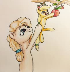 Size: 1024x1055 | Tagged: safe, artist:sv37, applejack, pear butter, earth pony, pony, g4, apple, female, filly, filly applejack, food, holding a pony, mother and child, mother and daughter, traditional art, younger