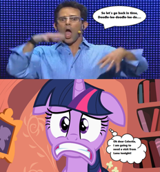 Size: 1227x1320 | Tagged: safe, edit, edited screencap, screencap, twilight sparkle, human, pony, unicorn, g4, season 2, secret of my excess, book, cringing, e3, floppy ears, freaked out, frown, glasses, golden oaks library, irl, irl human, mr caffeine, nightmare fuel, noise, photo, speech bubble, text, thought bubble