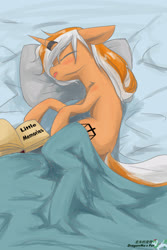 Size: 2400x3600 | Tagged: safe, artist:龙宠, derpibooru exclusive, oc, oc only, oc:accurate balance, unicorn, semi-anthro, arm hooves, bed, book, chinese, english, eyes closed, female, high res, horn, horn ring, in bed, on bed, open book, pillow, quilt, salivating, signed, sleeping, solo