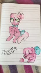 Size: 722x1280 | Tagged: safe, artist:koloredkat, cheerilee, earth pony, pony, g4, bipedal, bow, bowtie, bust, female, hair bow, irl, lined paper, mare, photo, rearing, text, traditional art
