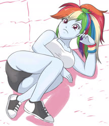 Size: 1849x2144 | Tagged: safe, artist:sumin6301, rainbow dash, equestria girls, g4, breasts, busty rainbow dash, clothes, converse, female, legs, looking at you, shoes, simple background, solo, sports bra, sports panties, stupid sexy rainbow dash, white background, wristband