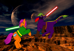 Size: 2536x1766 | Tagged: safe, artist:chili19, oc, oc only, oc:maurus, oc:orange sky, clothes, crossover, desert, duo, fight, leonine tail, lightsaber, mouth hold, planet, rearing, star wars, weapon