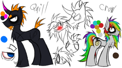 Size: 1280x720 | Tagged: safe, artist:didun850, oc, oc:clockwork crow, oc:le quill de von, earth pony, pony, unicorn, bags under eyes, blushing, bust, chest fluff, curved horn, eyeliner, gay, horn, makeup, male, multicolored hair, rainbow hair, reference sheet, stallion, white eyes