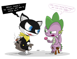 Size: 3300x2550 | Tagged: safe, artist:loreto-arts, spike, dragon, g4, candy, cigar, crossover, dialogue, duo, food, high res, lollipop, male, morgana, palindrome get, persona 5, simple background, transparent background, winged spike, wings