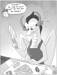 Size: 2550x3300 | Tagged: safe, artist:loreto-arts, smolder, spike, dragon, g4, apron, black and white, blushing, clothes, commission, cooking, dragoness, female, food, gem, grayscale, high res, housewife, knife, male, meat, monochrome, naked apron, older, older smolder, older spike, ship:spolder, shipping, straight